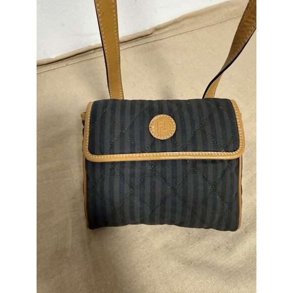 Vintage Fendi Pequin Striped Quilted Crossbody Bag Leather Trim Made in Italy